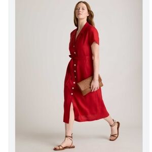 Quince Dress Red European Linen Button Short Sleeve